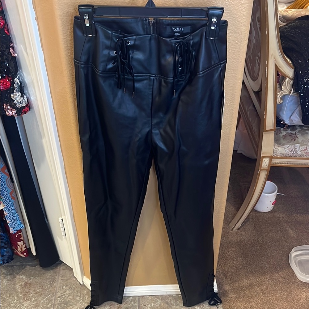 Guess Black Lace-Up Faux Leather Pants with back zipper Size 6